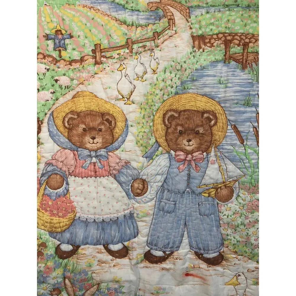 Vintage Quilt Baby Blanket Teddy Bears Bunny AS IS READ Retro Pastel